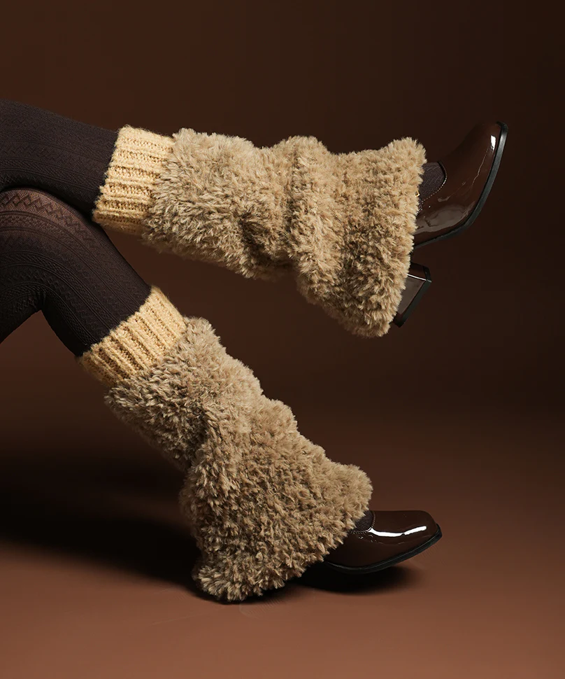 Banded Plush Ribbed Leg Warmer - Light Brown - Image 2