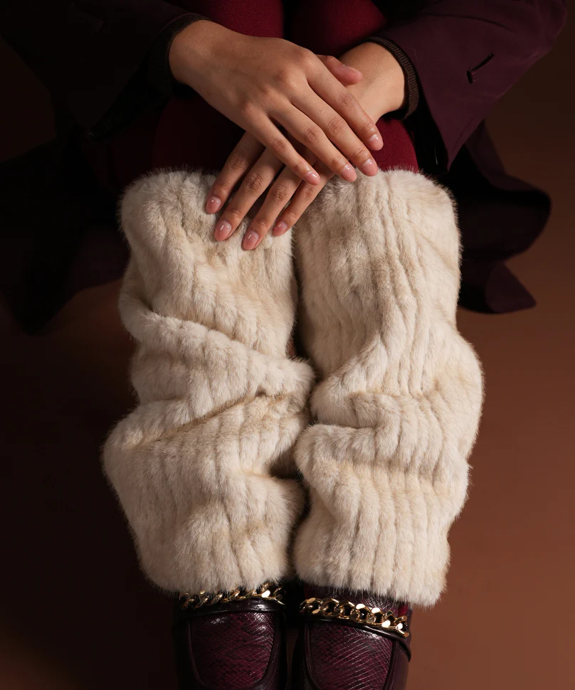 Ribbed Fur Leg Warmer - Cream - Image 6